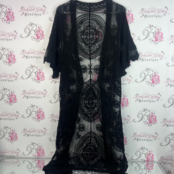 Black Lace cardigan Kimono Cardigan long crochet mesh boho flowy coverup - Picture 2 of 8